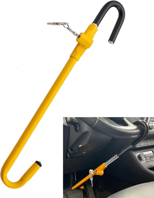 Steering Wheel Lock Anti-Theft Car Device, Dodomes Steering Wheel Pedal Brake Lock Retractable Hook Car Security Products Universal Fit Yellow