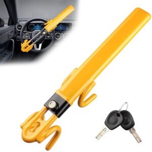 Steering Wheel Lock,Heavy Duty Anti-Theft Car Device with Double Hooks Design for Enhanced Vehicle Protection,Adjustable Length Locking with 2 Keys Universal Fit (Yellow)