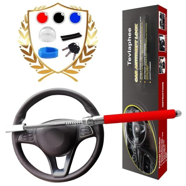 Tevlaphee Steering Wheel Lock Anti Theft Car Device Universal Prevention Adjustable Double Hook Emergency Hammer Window Breaker Self Defense Heavy Duty Secure (Red)